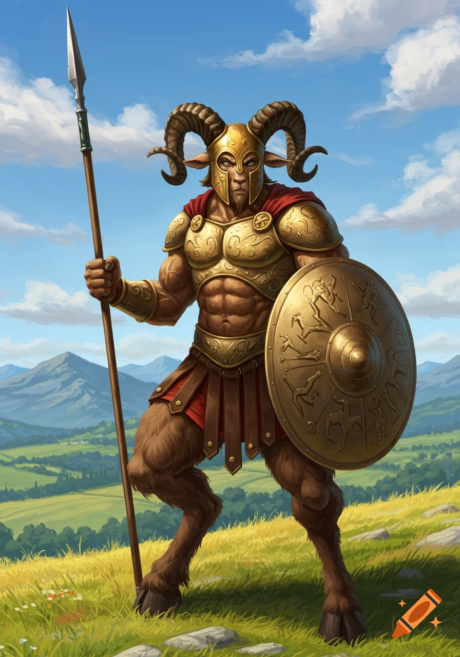 A goat-headed warrior in golden armor, holding a spear and shield, stands on a grassy hillside under a blue sky.