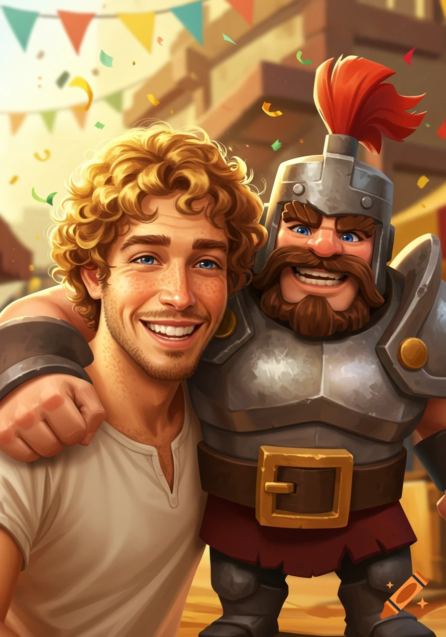 A curly-haired man and a cartoonish armored warrior smiling and hugging in a festive scene with confetti.