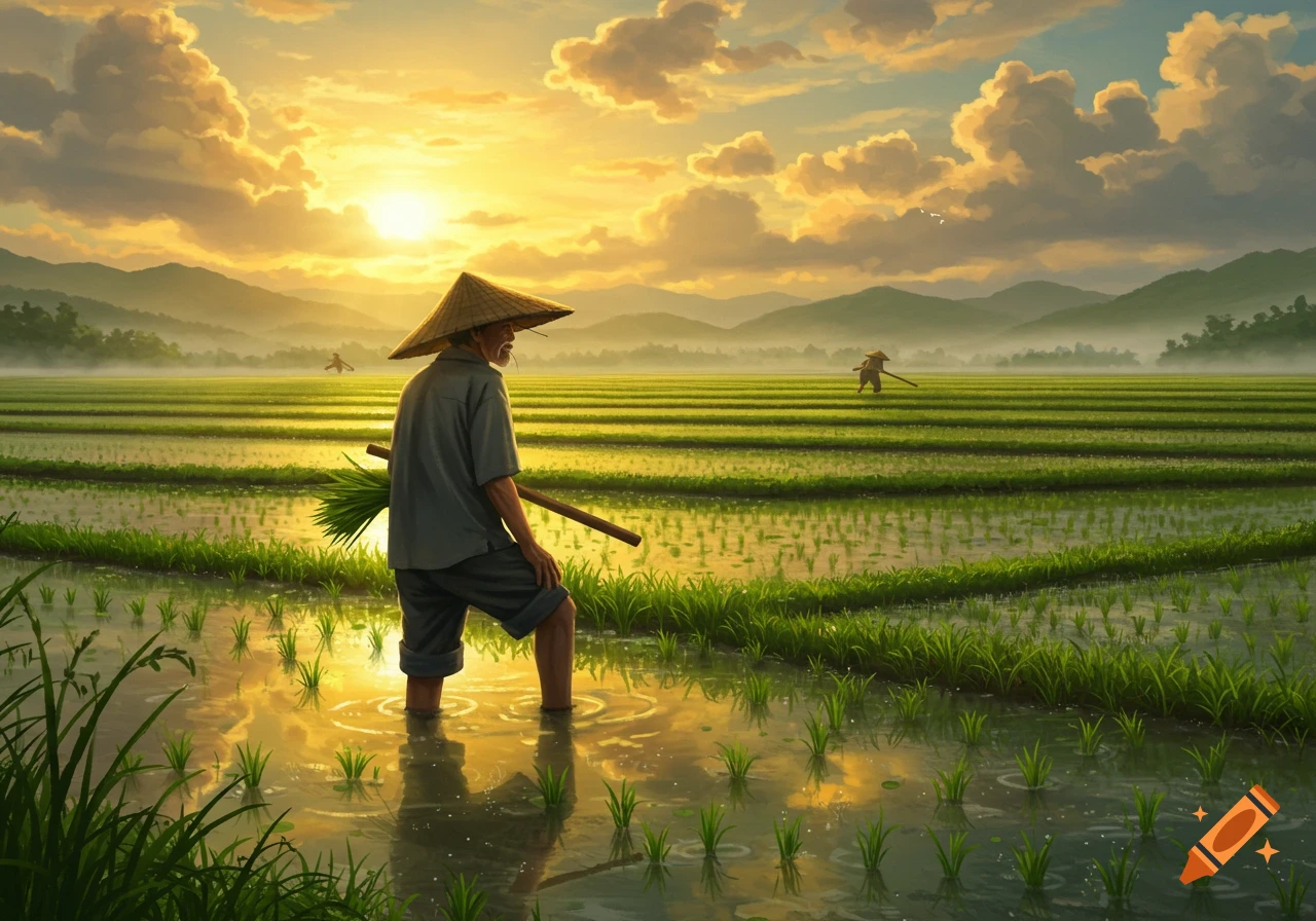 A farmer in a conical hat wades in a flooded rice paddy at sunset, with mountains in the distance. Digital painting.