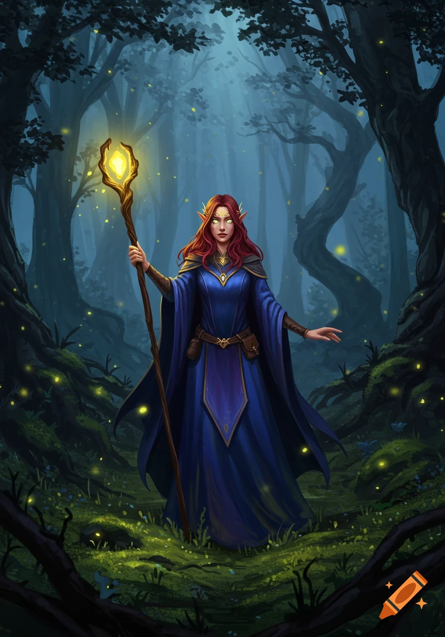 A red-haired female mage in a blue robe holds a glowing staff in a dark, misty fantasy forest with fireflies.