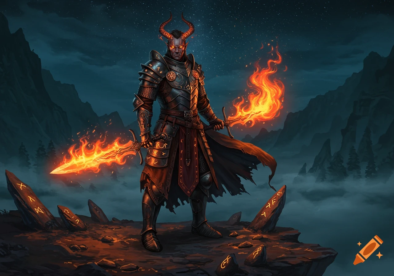 A horned warlock in dark plate armor wields two flaming swords on a rocky mountain peak at night.