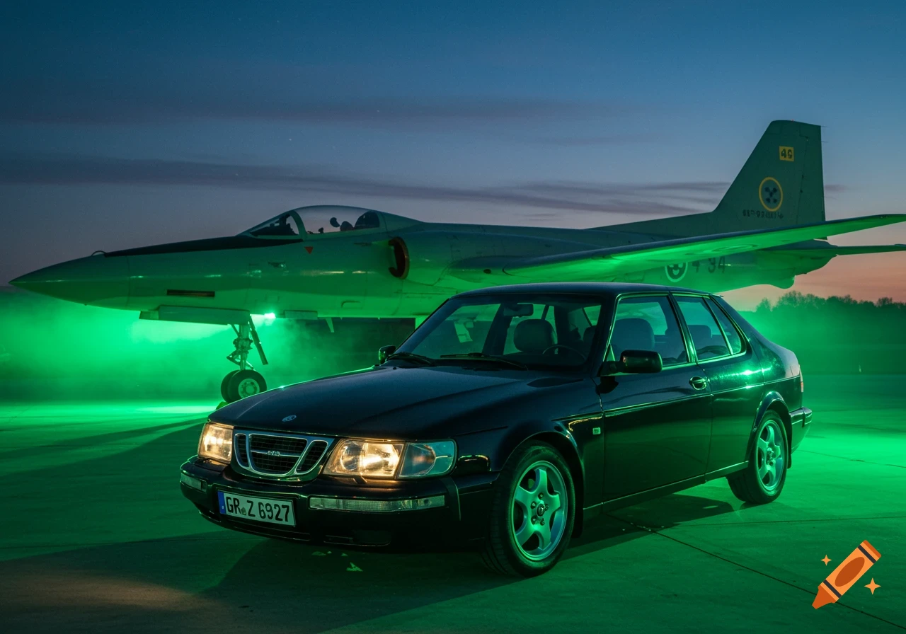 A black Saab car in the foreground with a green-lit Saab Draken jet behind it, both on an airfield at dusk.