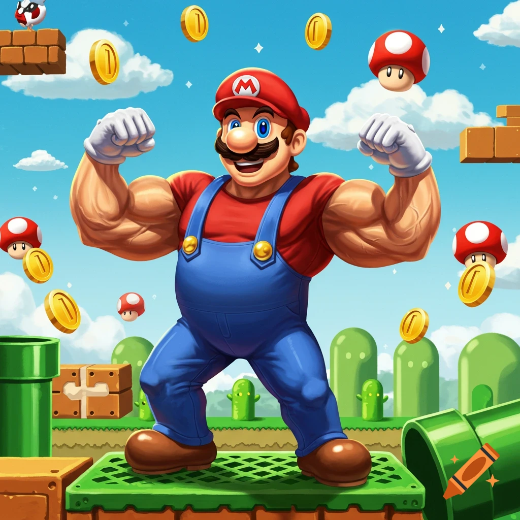 Buff Mario flexing his muscles in a vibrant Super Mario Bros. level with coins, mushrooms, and pipes.