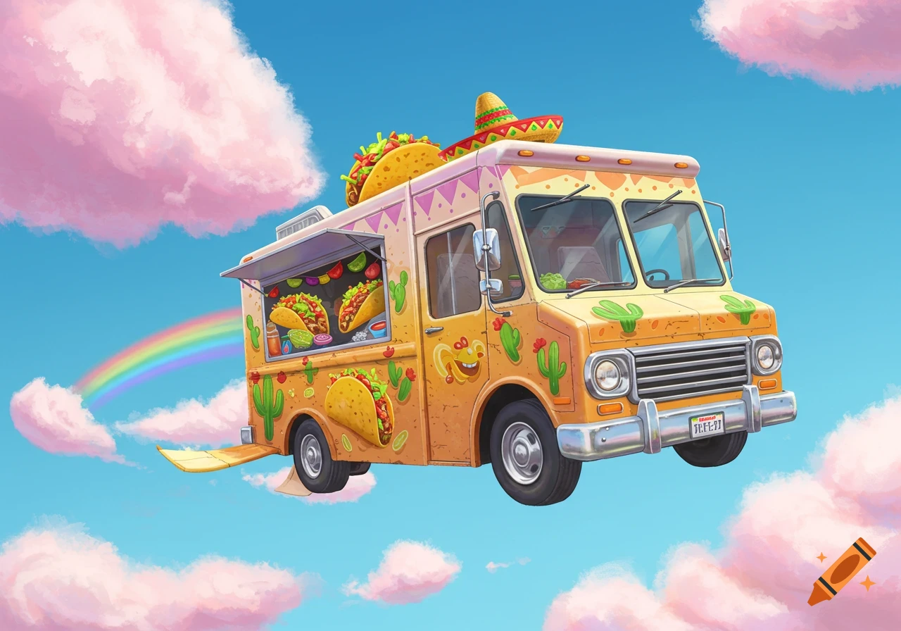 Cartoon flying taco truck adorned with cacti, tacos, and a sombrero, soaring through a blue sky with pink clouds and a rainbow.