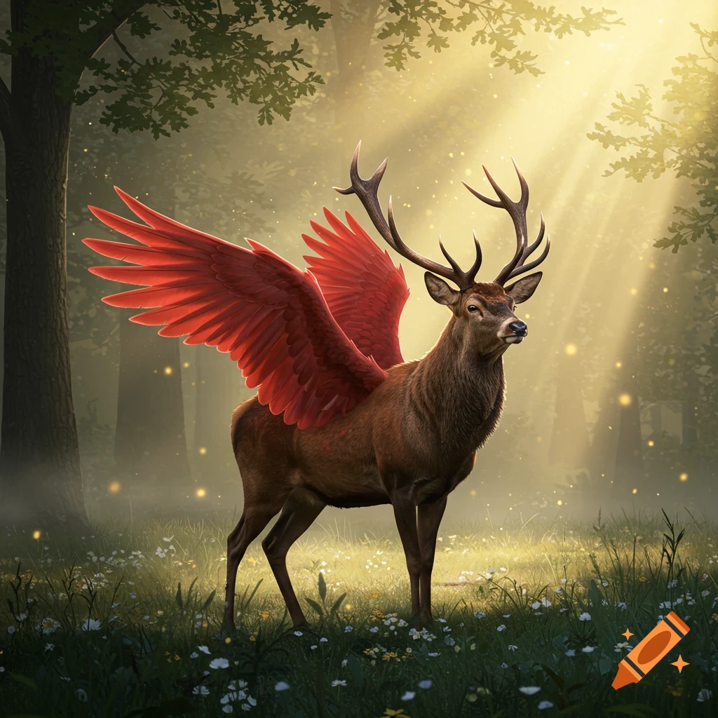 A brown deer with bright red wings stands in a sunlit, magical forest clearing.