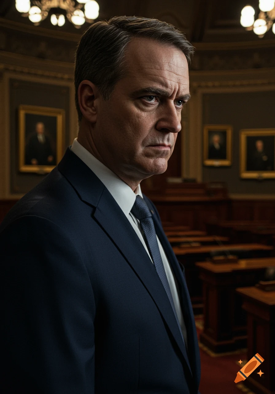 A serious man in a dark suit and tie stands in a formal, dimly lit chamber with wooden benches and portraits on the wall.