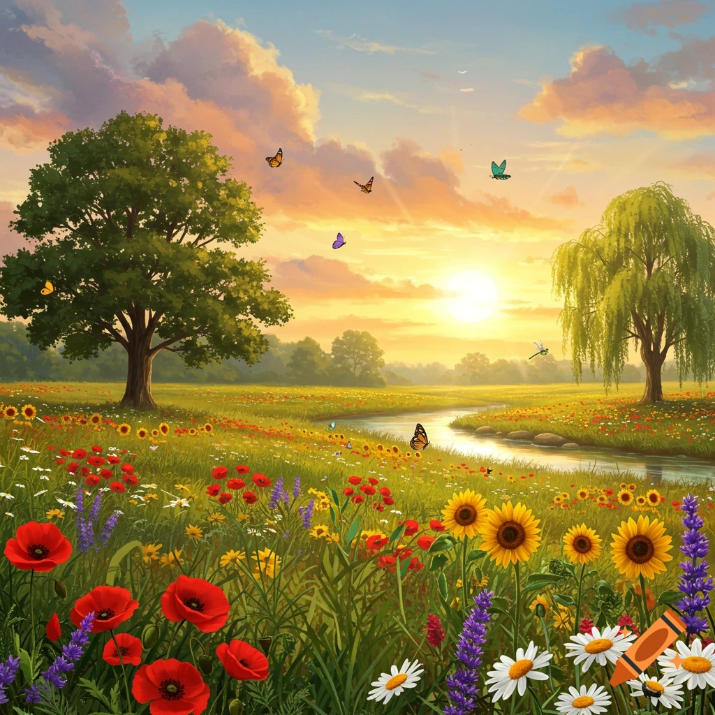 Vibrant meadow at sunset with colorful wildflowers, tall trees, a winding stream, and butterflies under a bright sky.