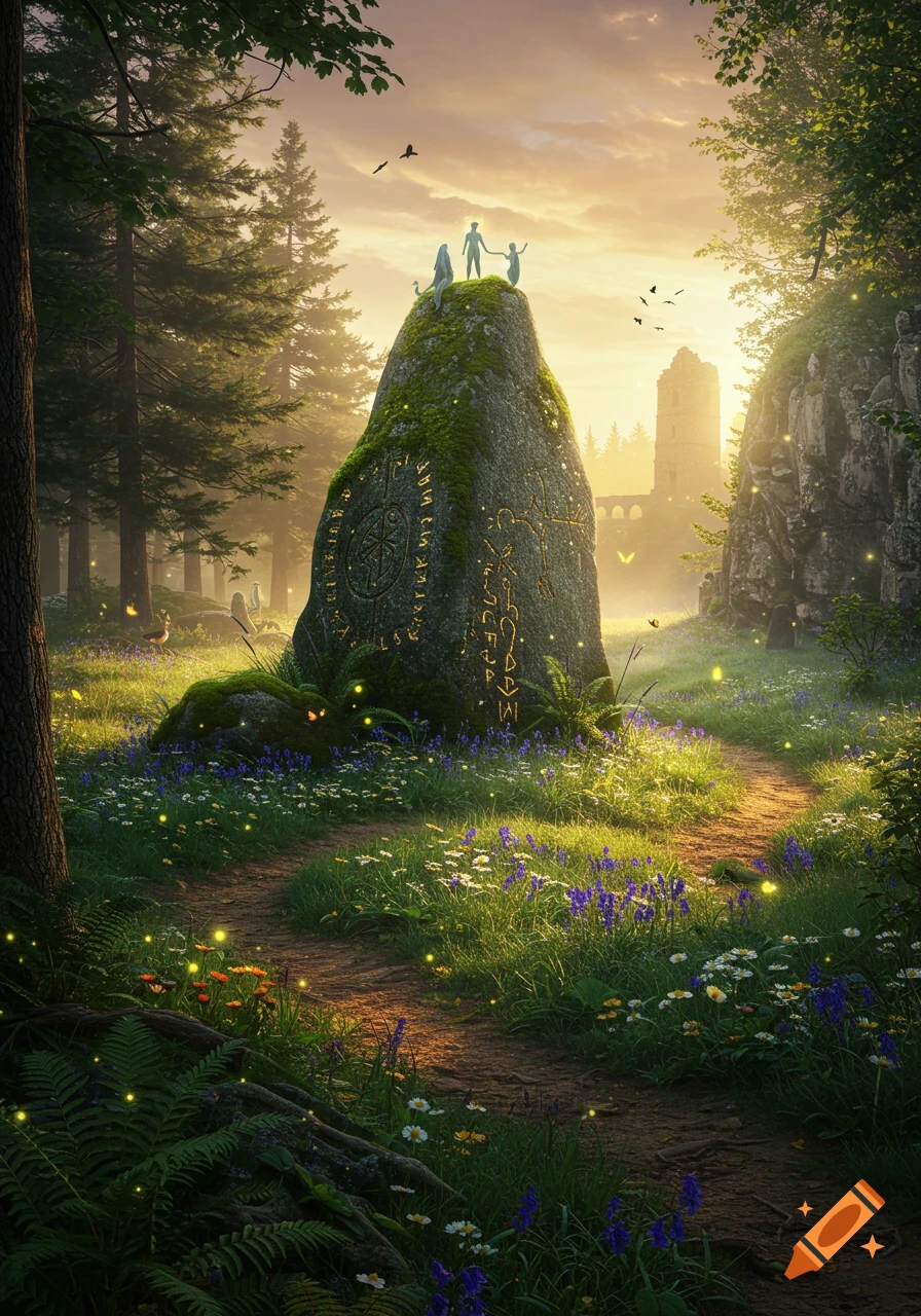 A fantasy landscape at sunrise, with a path leading to a large moss-covered stone inscribed with glowing runes. Figures stand atop the stone, surrounded by glowing fireflies, a forest, and a distant tower.