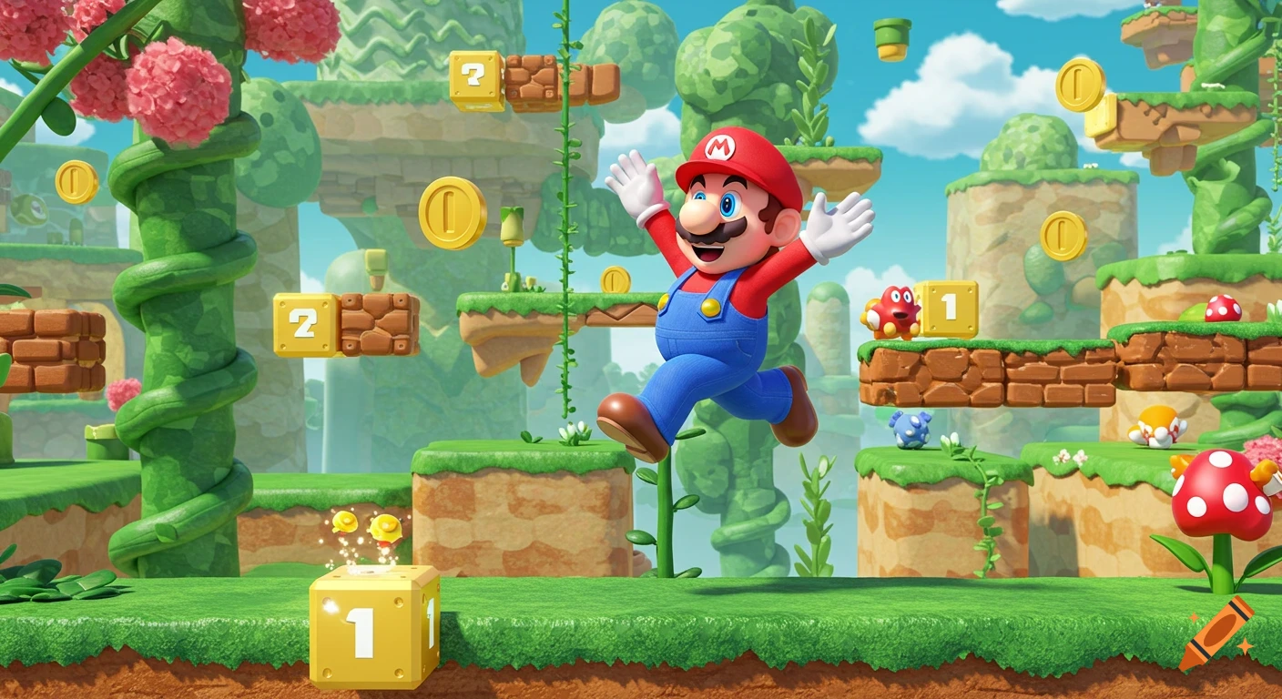 Mario jumps in a vibrant 3D cartoon video game world filled with platforms, question blocks, coins, and enemies.