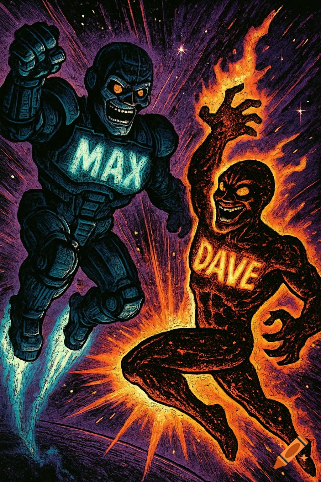 Retro comic art of a glowing robot Max and a fiery humanoid Dave colliding in a cosmic explosion.