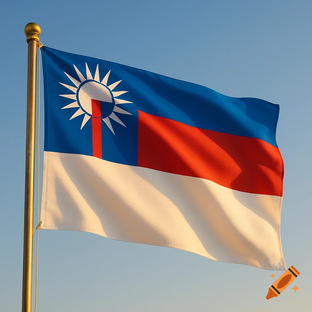A flag with a blue upper half featuring a white sunburst symbol and a red stripe, over a white lower half, waving against a clear sky.