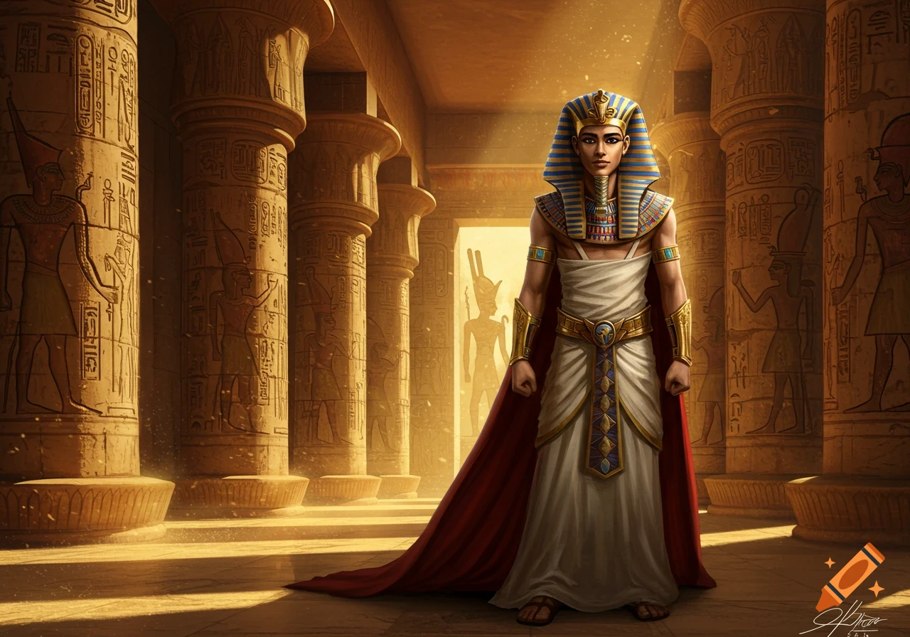A young pharaoh in traditional Egyptian regalia stands in a grand temple hall with hieroglyph-covered columns, light streaming in from behind him.