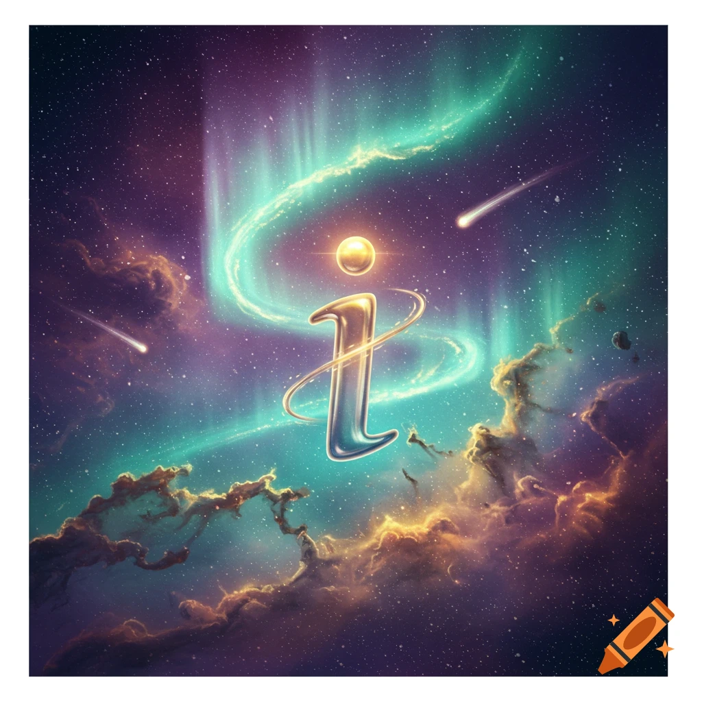 A glowing, metallic letter 'i' floats in a vibrant cosmic scene with nebulae, aurora, and shooting stars.