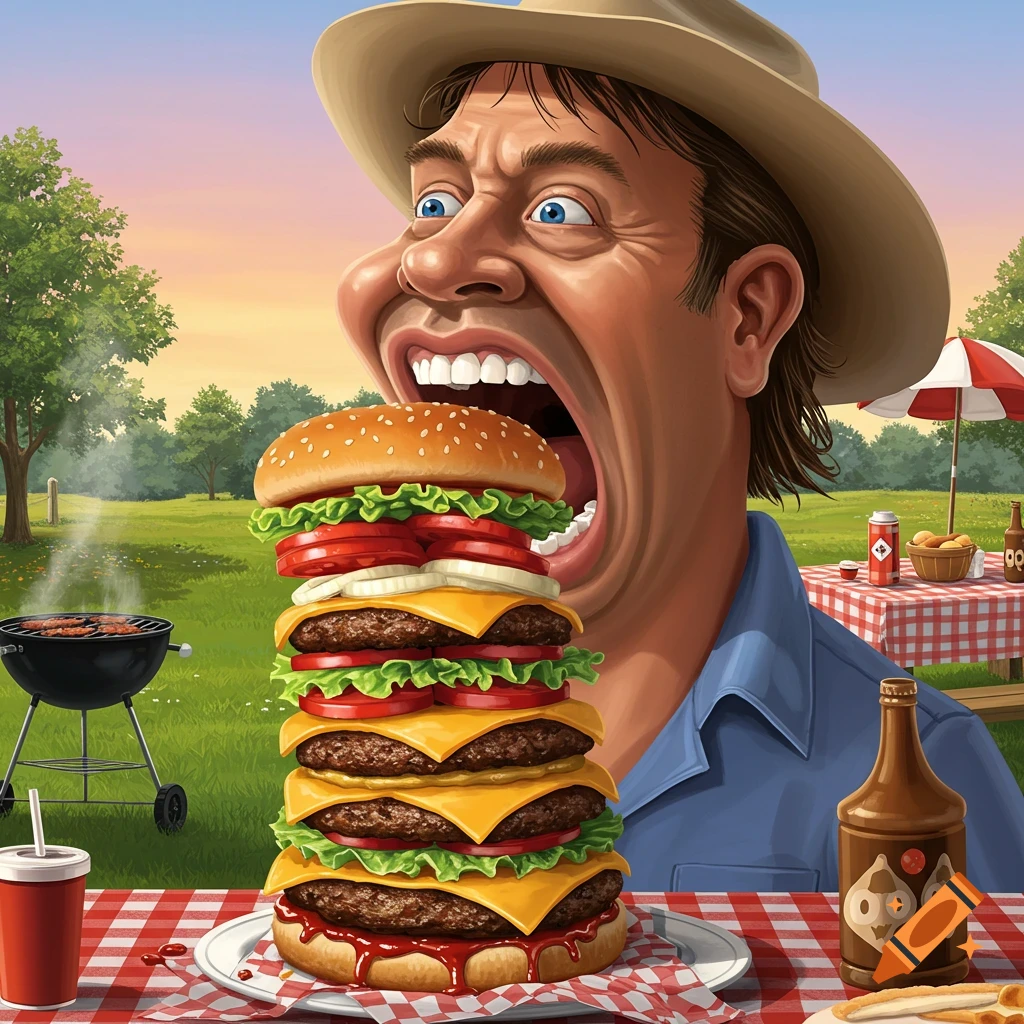 Cartoon illustration of a man with an unhinged jaw about to eat a giant cheeseburger at an outdoor barbecue.