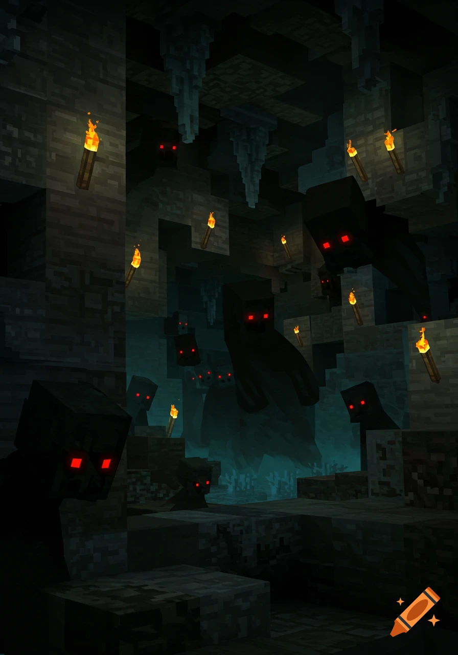 Dark Minecraft cave filled with blocky mobs featuring glowing red eyes, illuminated by scattered torches and ice spikes.