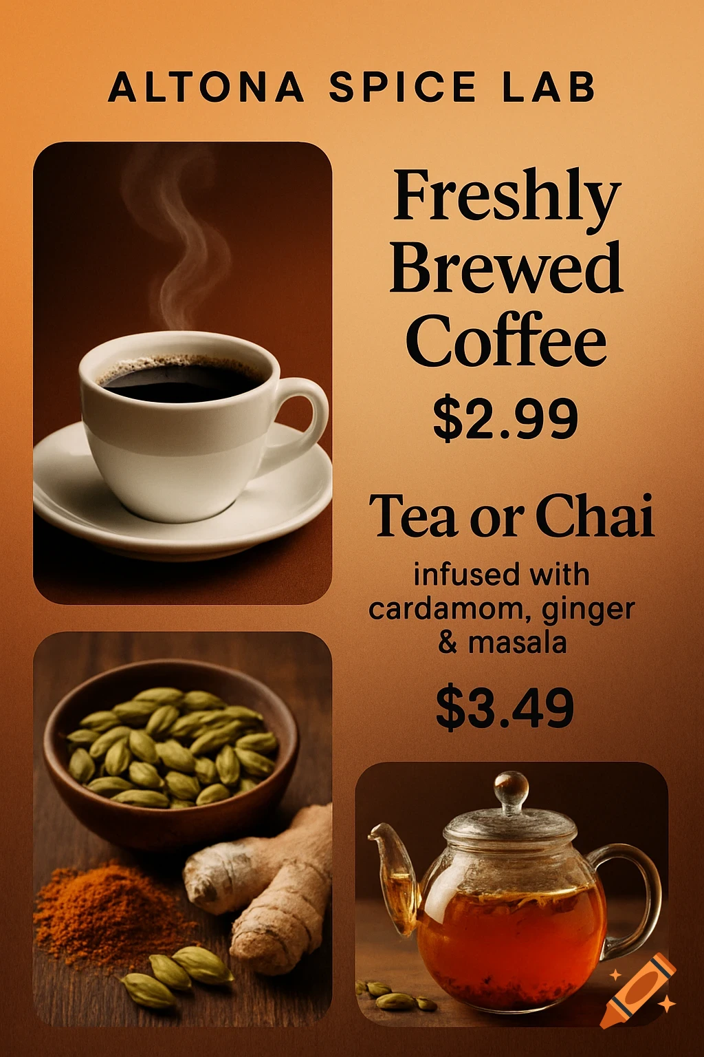Flyer for Altona Spice Lab featuring coffee, tea, cardamom, ginger, and masala powder.