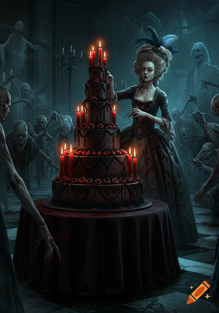 A pale woman in a gothic dress stands beside a tall, dark cake with red candles and eerie decorations, surrounded by ghoulish zombies in a gloomy, ornate room.