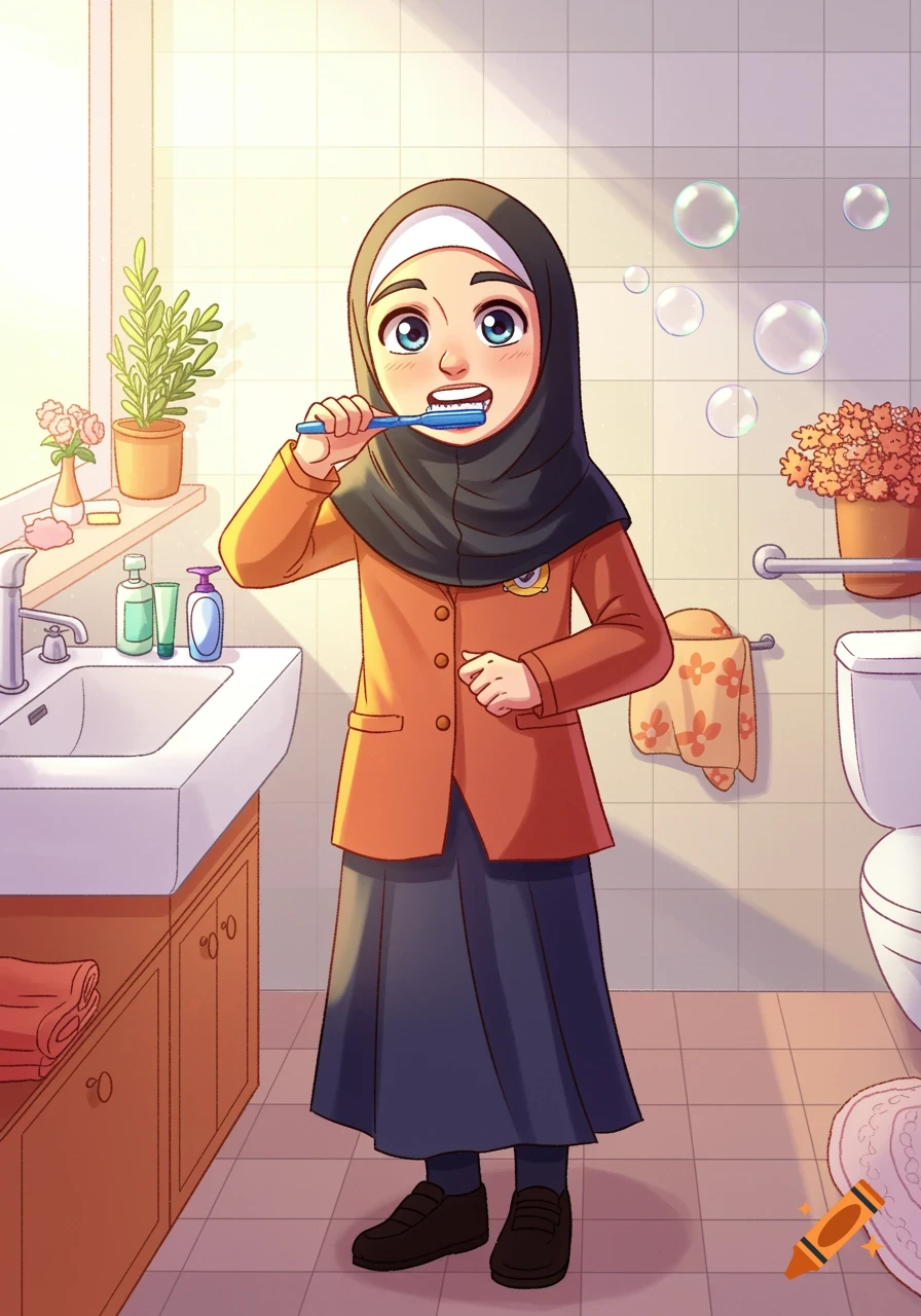 A cartoon Muslim schoolgirl wearing a hijab and uniform brushes her teeth in a sunlit bathroom.