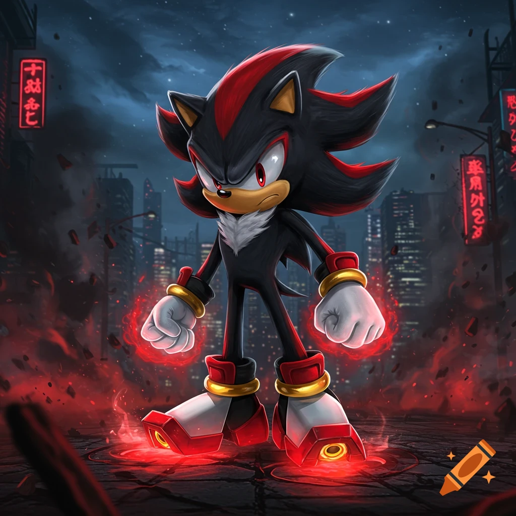 Shadow the Hedgehog stands defiantly amid red energy effects and debris in a dark, urban setting with neon signs.
