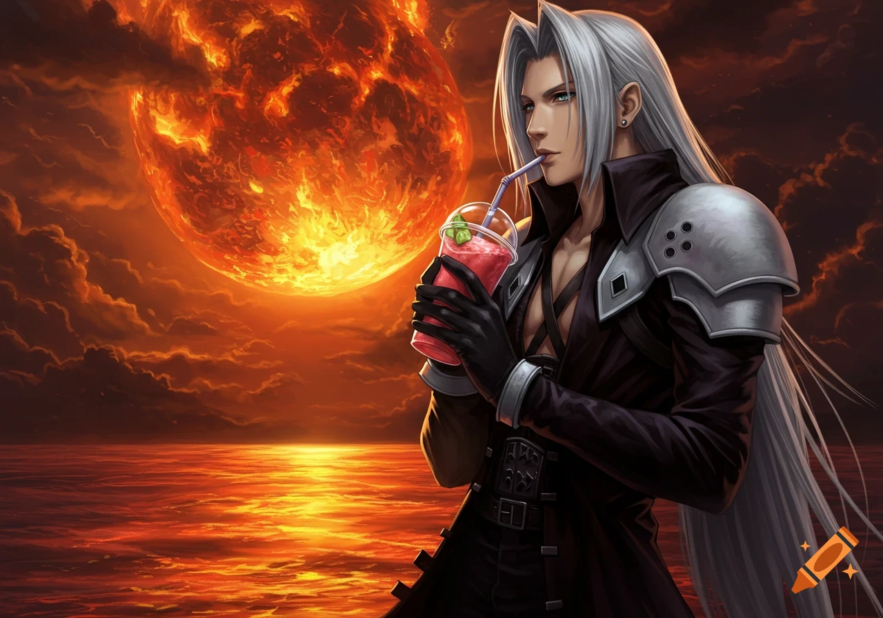 Sephiroth from Final Fantasy, with long silver hair, sips a pink smoothie against a fiery orange sky, a massive red meteor, and a glowing red ocean.