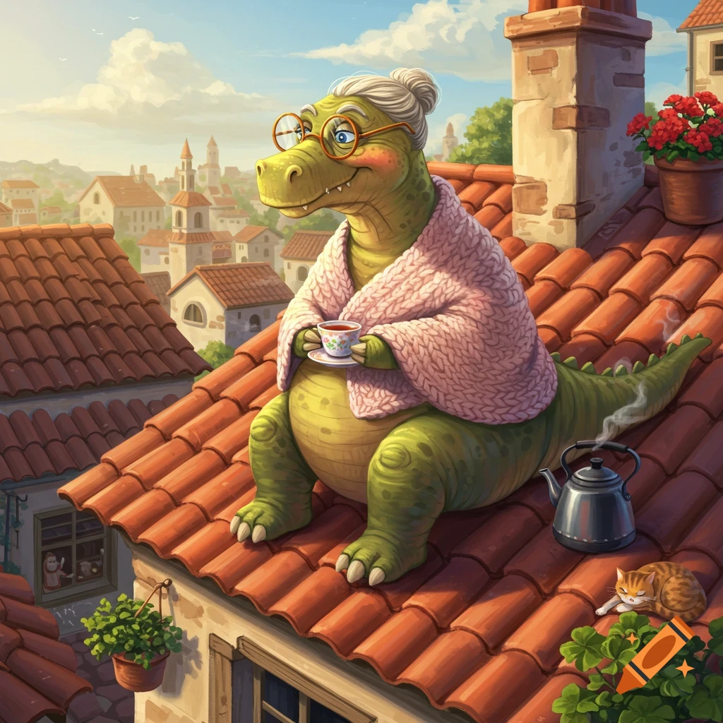 A whimsical cartoon dinosaur granny in glasses and a pink shawl sits on a tiled roof, sipping tea with a kettle and cat.