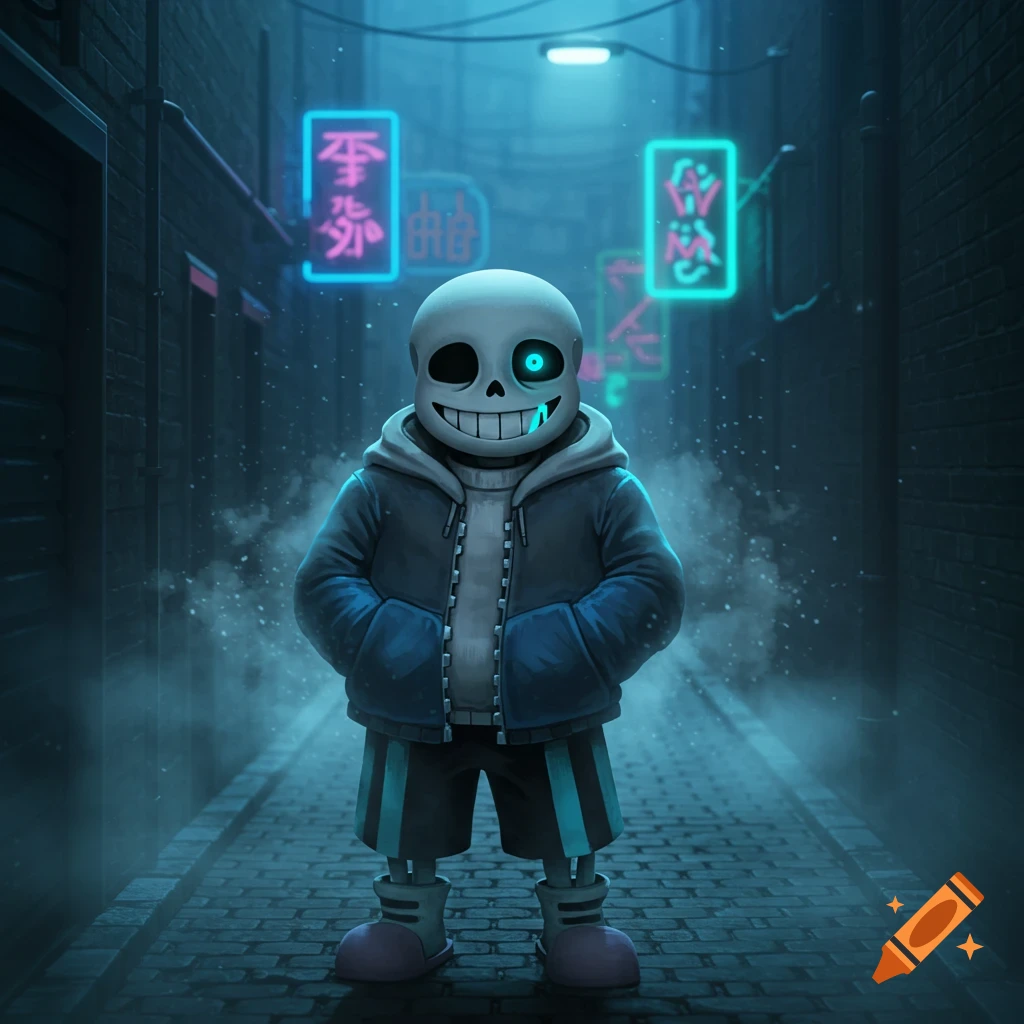 A cartoon skeleton character (Sans) in a blue hoodie stands in a dark, neon-lit cyberpunk alley.