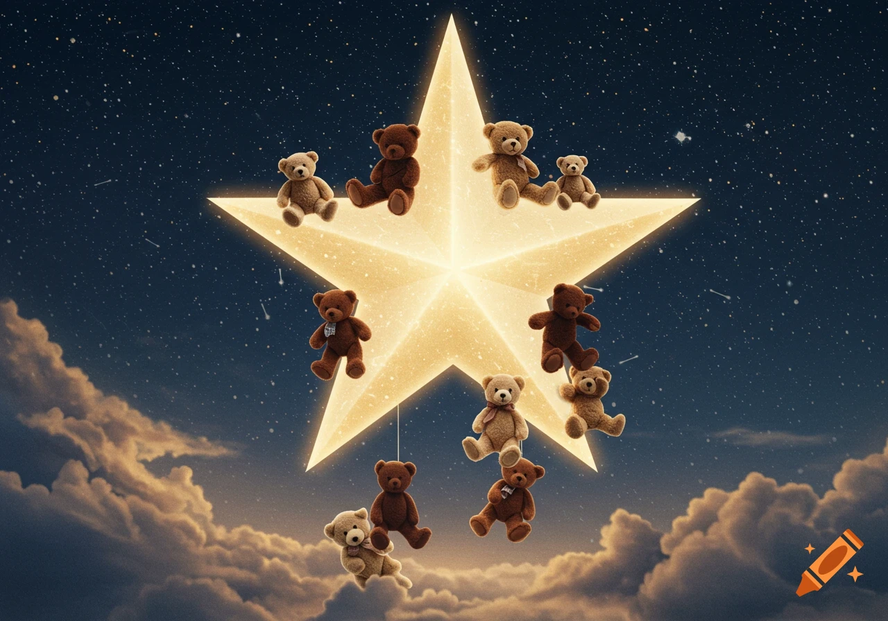 Many teddy bears sit on and hang from a large glowing star in a dark, starry night sky with fluffy clouds below.