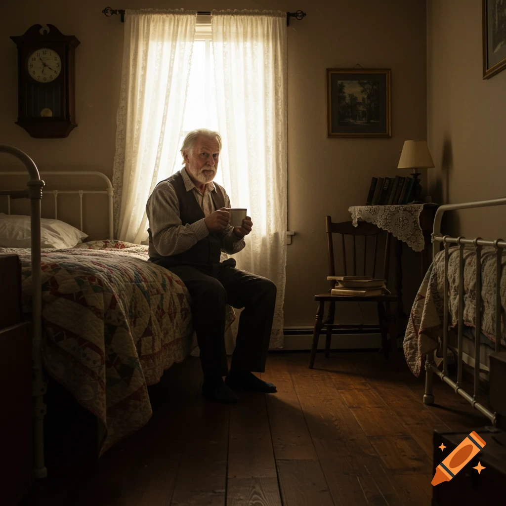 An old man with a beard sits on a bed, holding a cup, in a dimly lit bedroom with a bright window behind him.