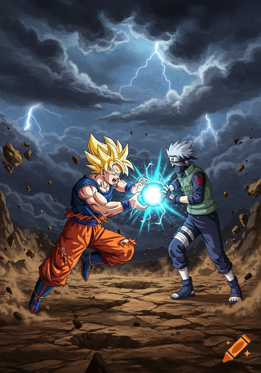 Goku and Kakashi, two anime characters, facing off with energy blasts and lightning in a stormy, rocky landscape.