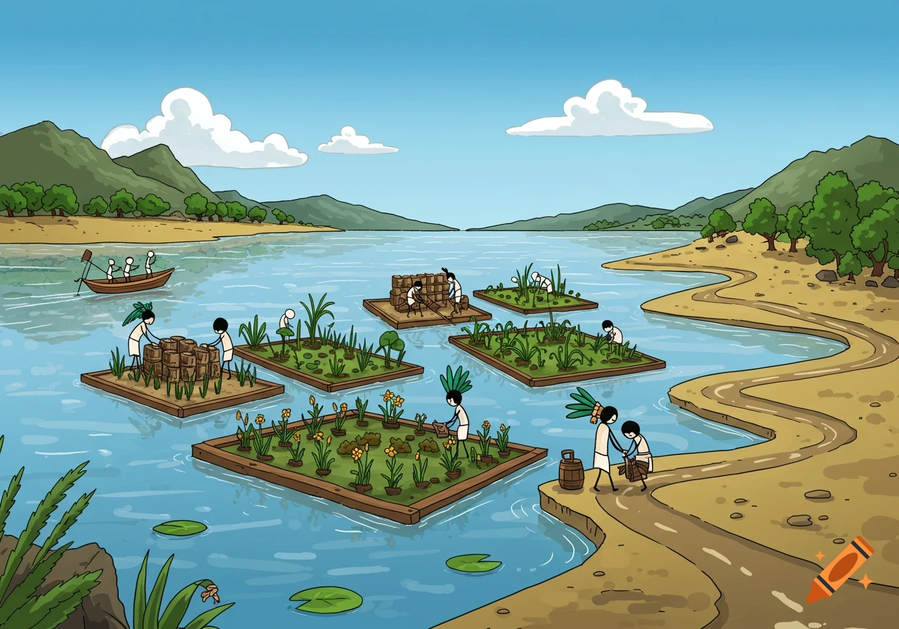Cartoon stick figures build floating gardens on a lake, with mountains, a boat, and brown roads, in a simple, colorful style.
