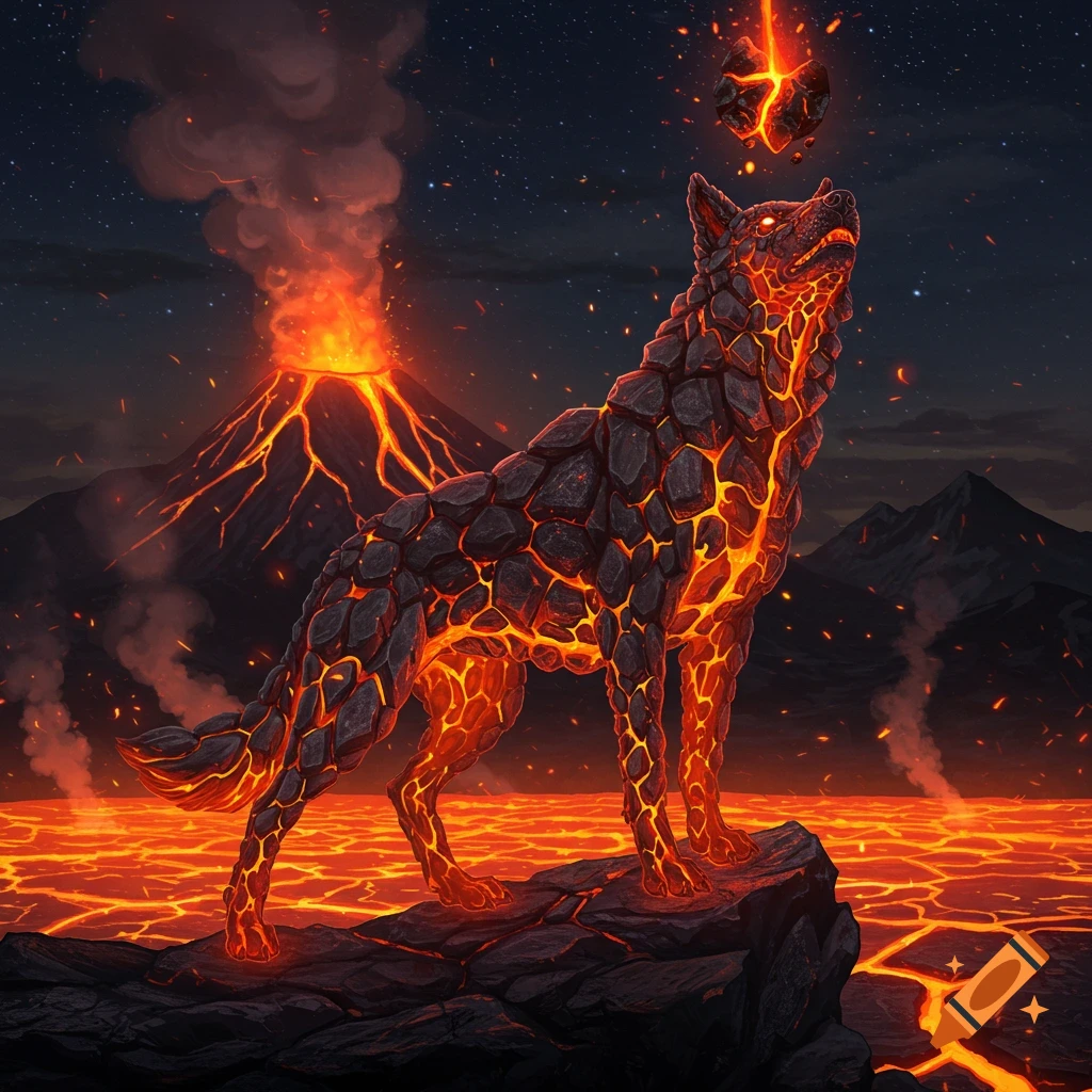 A majestic lava wolf stands on a rock in a volcanic landscape with an erupting volcano and flowing lava under a starry night sky.