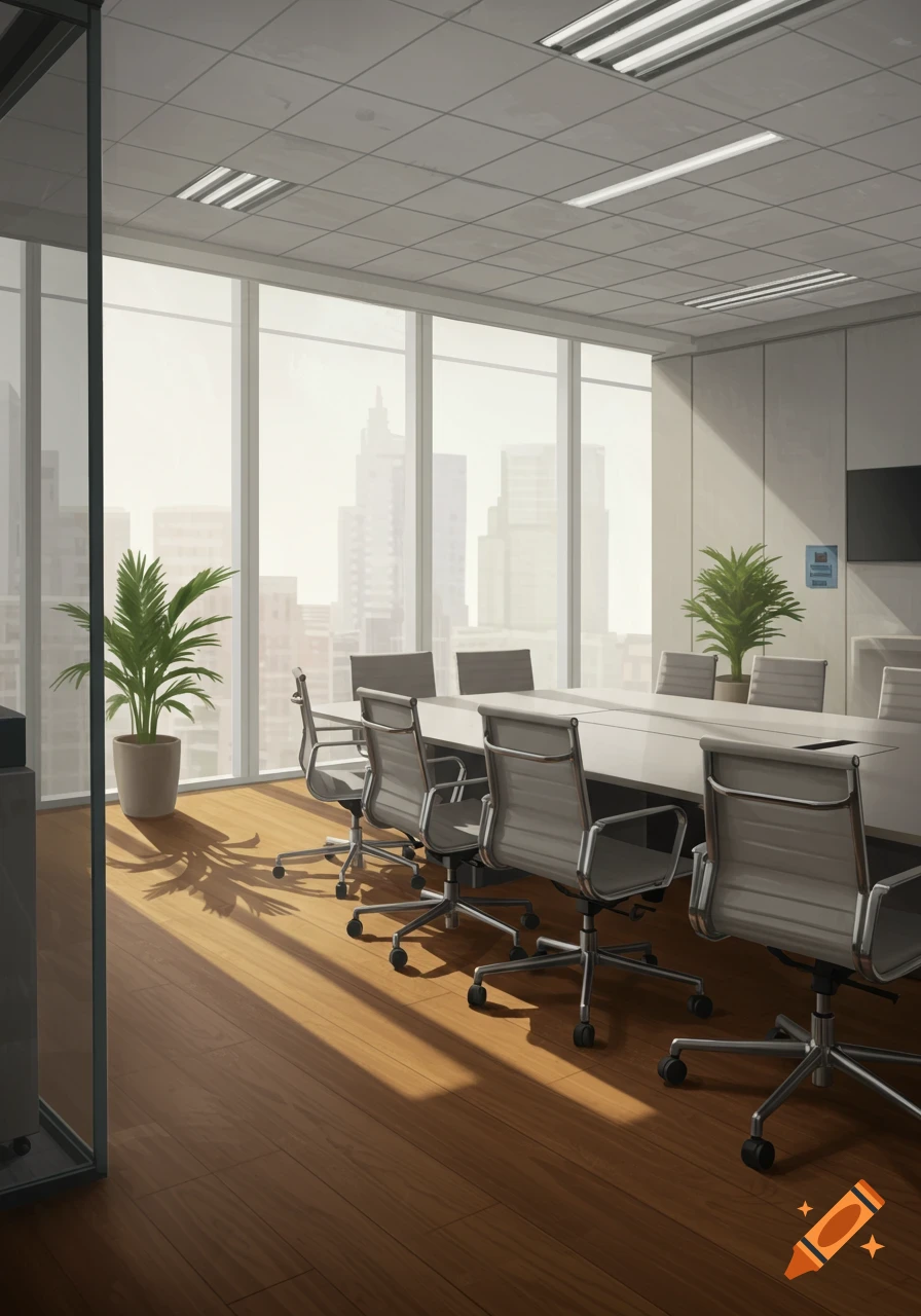 Photorealistic image of an empty modern conference room with a large table, chairs, plants, and big windows overlooking a city skyline.