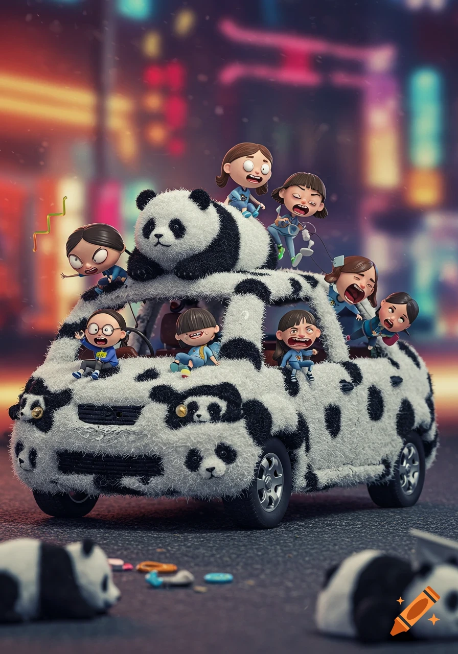 Cartoon children with exaggerated expressions cling to a panda-covered car with a large panda on its roof, in a vibrant city street.
