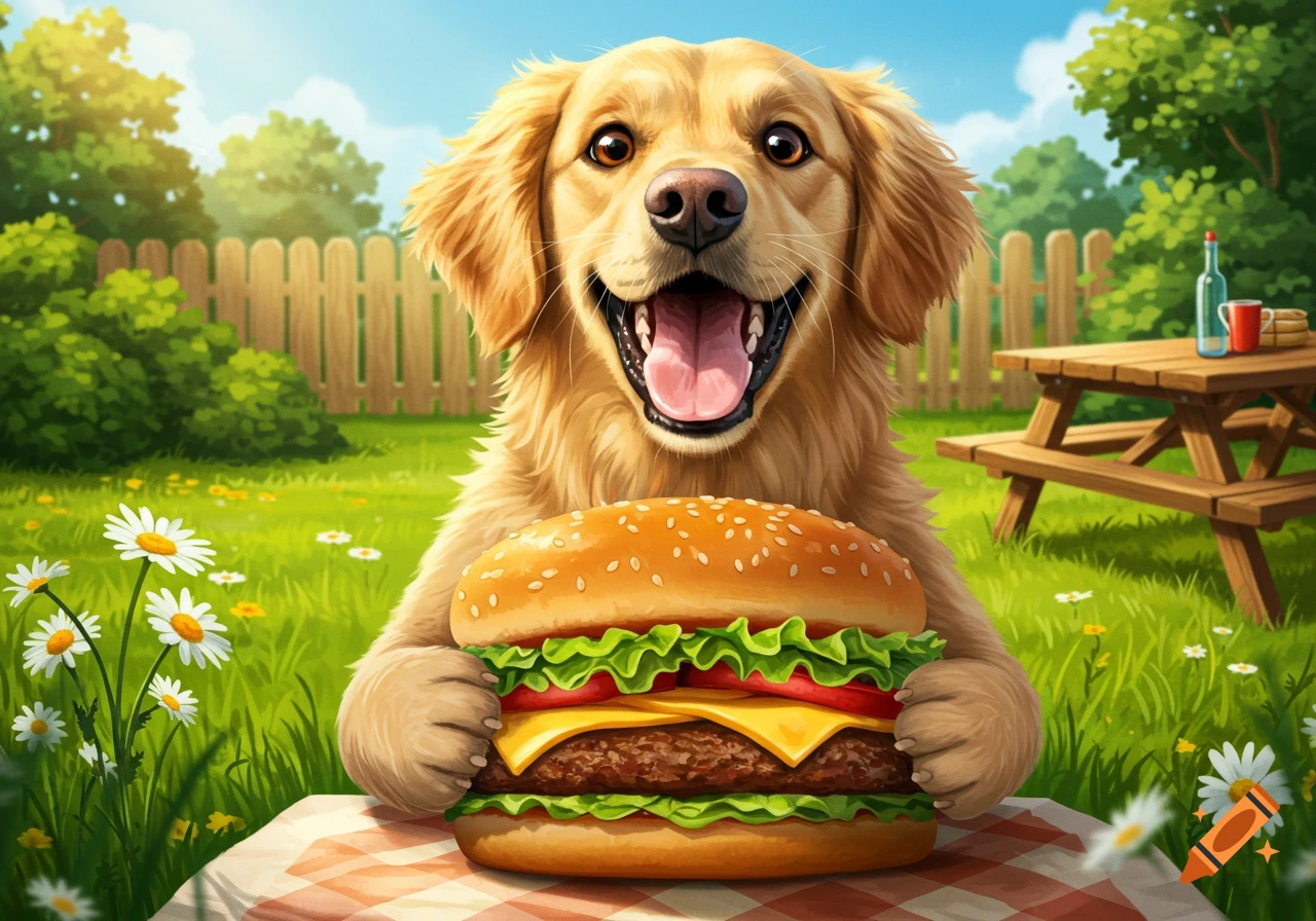 Happy golden retriever dog holding a large burger on a checkered picnic blanket in an outdoor cartoon illustration.