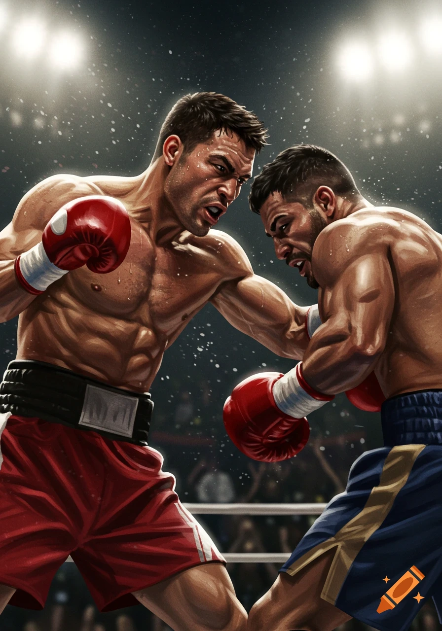 Two muscular boxers, one in red shorts and the other in blue, exchange punches in a brightly lit boxing ring, a dynamic illustration.