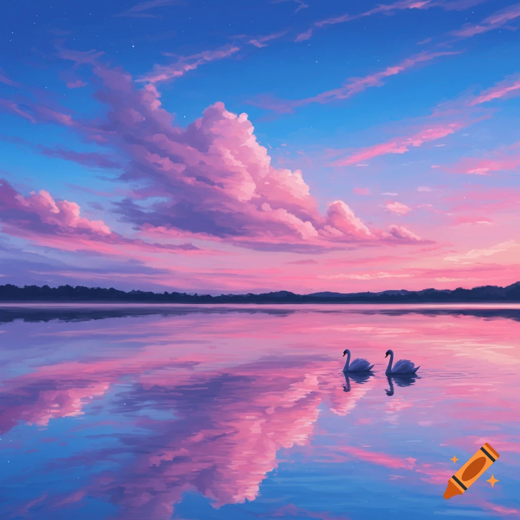 Two white swans glide on a calm lake reflecting a dramatic pink and blue sunset sky with fluffy clouds. Illustrative style.