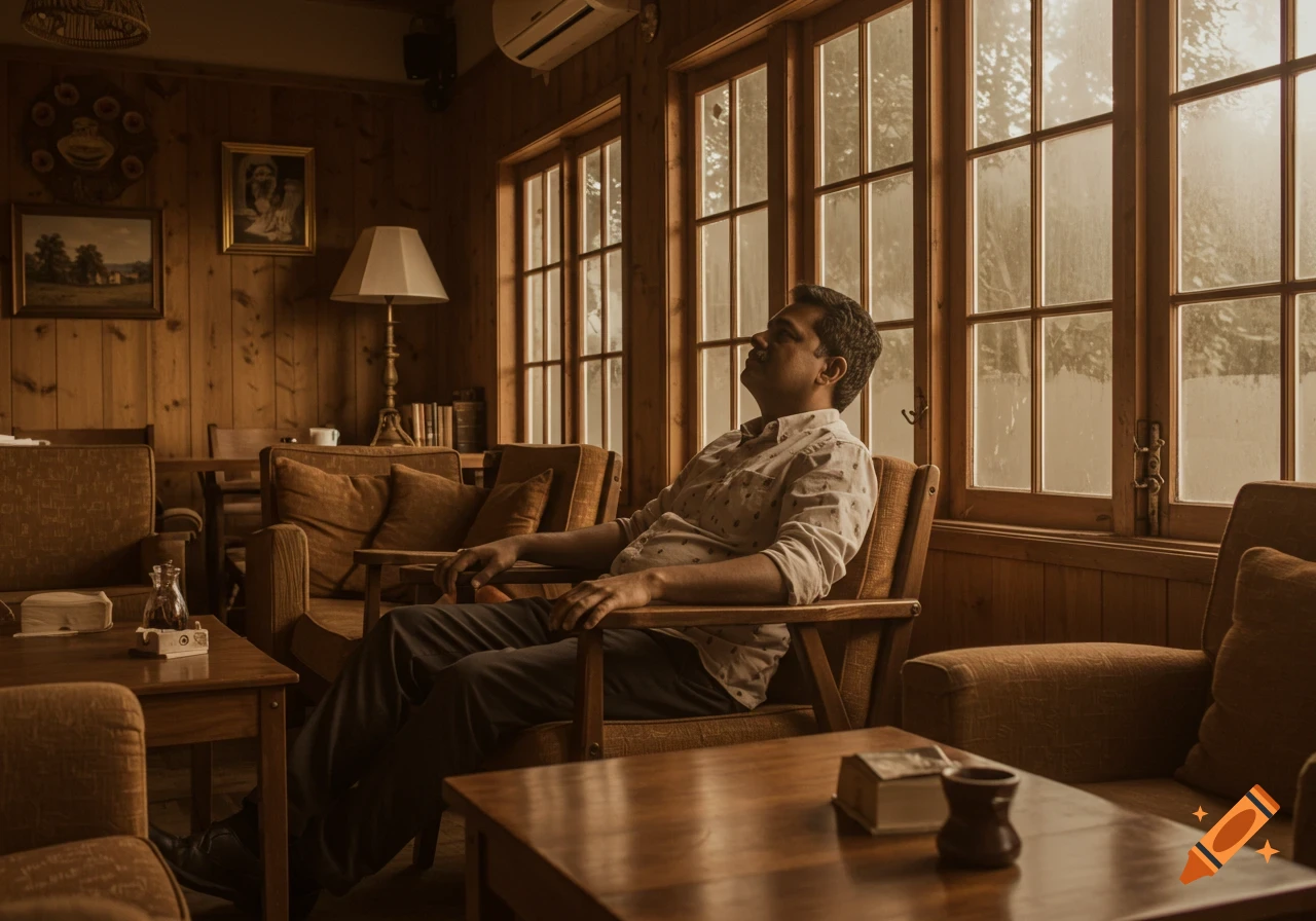 A candid shot of an Indian man relaxing in a cozy, warm-toned coffee shop with wooden walls and large windows.