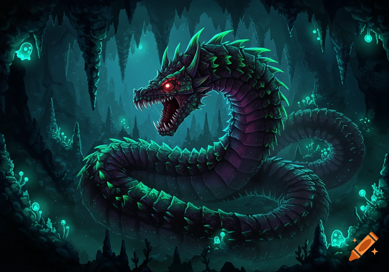 A menacing, dark green, segmented dragon with glowing red eyes and spiky scales coiled within a bioluminescent cave filled with glowing plants and fungi.