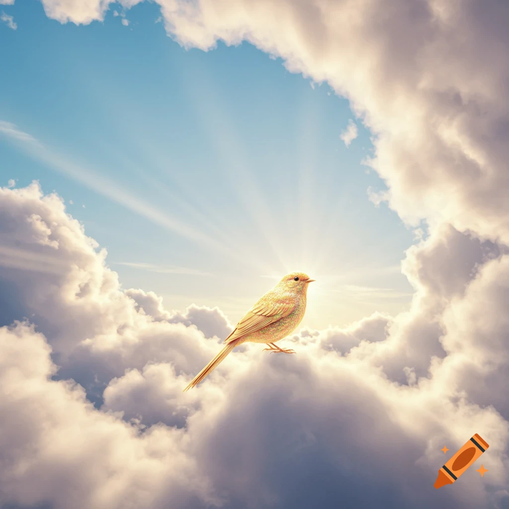 A golden bird perches on a fluffy cloud in a bright blue sky with sun rays.