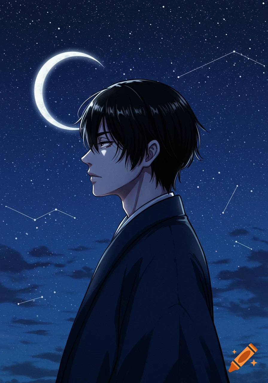 Anime man in traditional attire under a crescent moon and star-filled night sky.