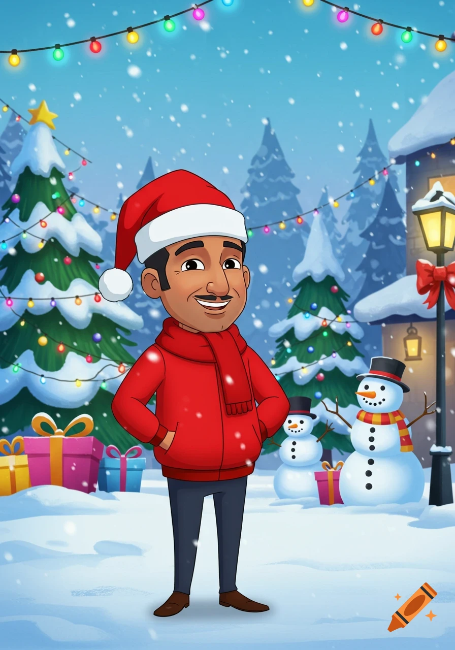 A cheerful cartoon Indian man wearing a Santa hat and red scarf stands in a snowy Christmas scene with decorated trees and snowmen.