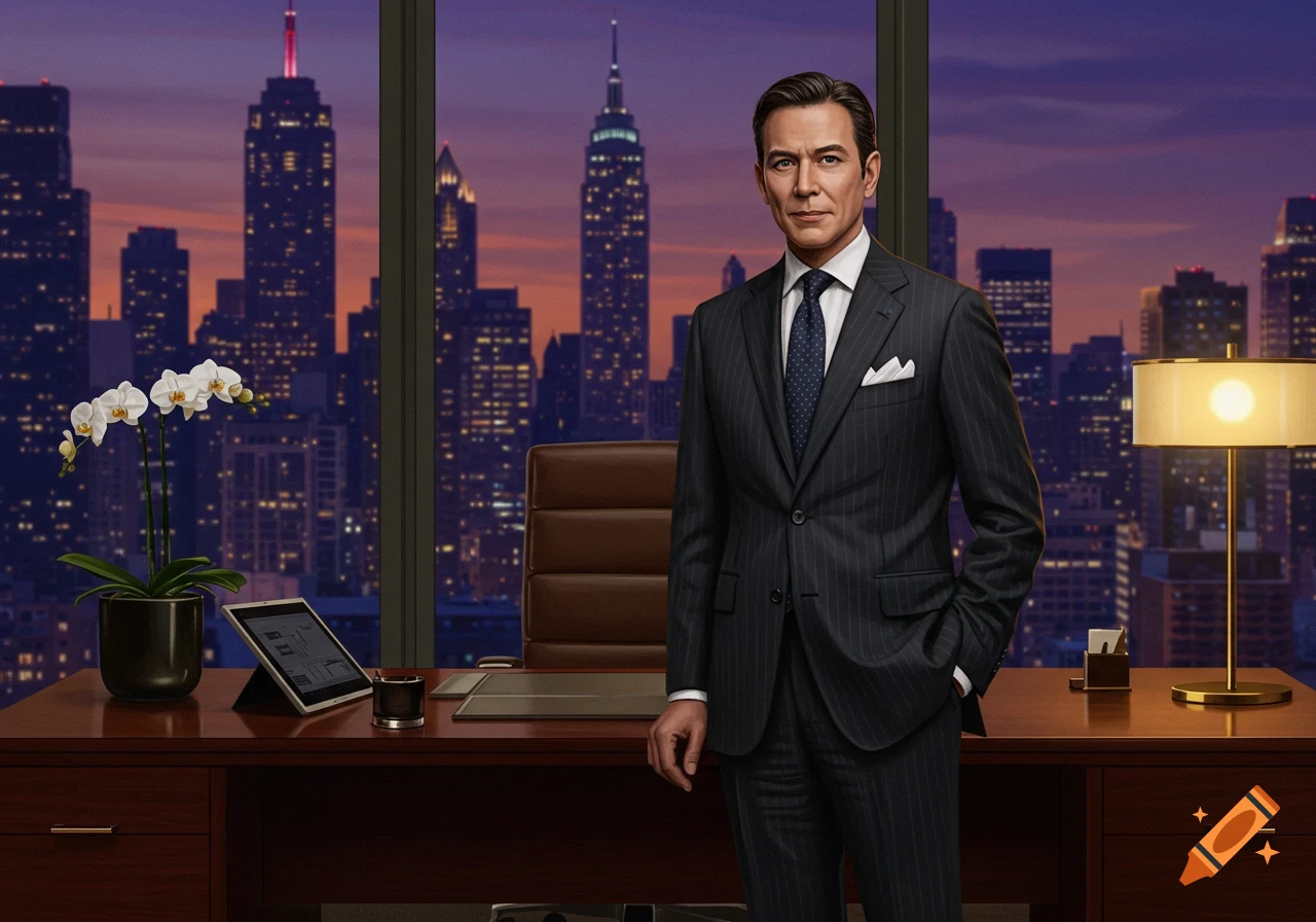 Photorealistic portrait of a businessman in a suit standing in a modern office overlooking a city skyline at dusk.