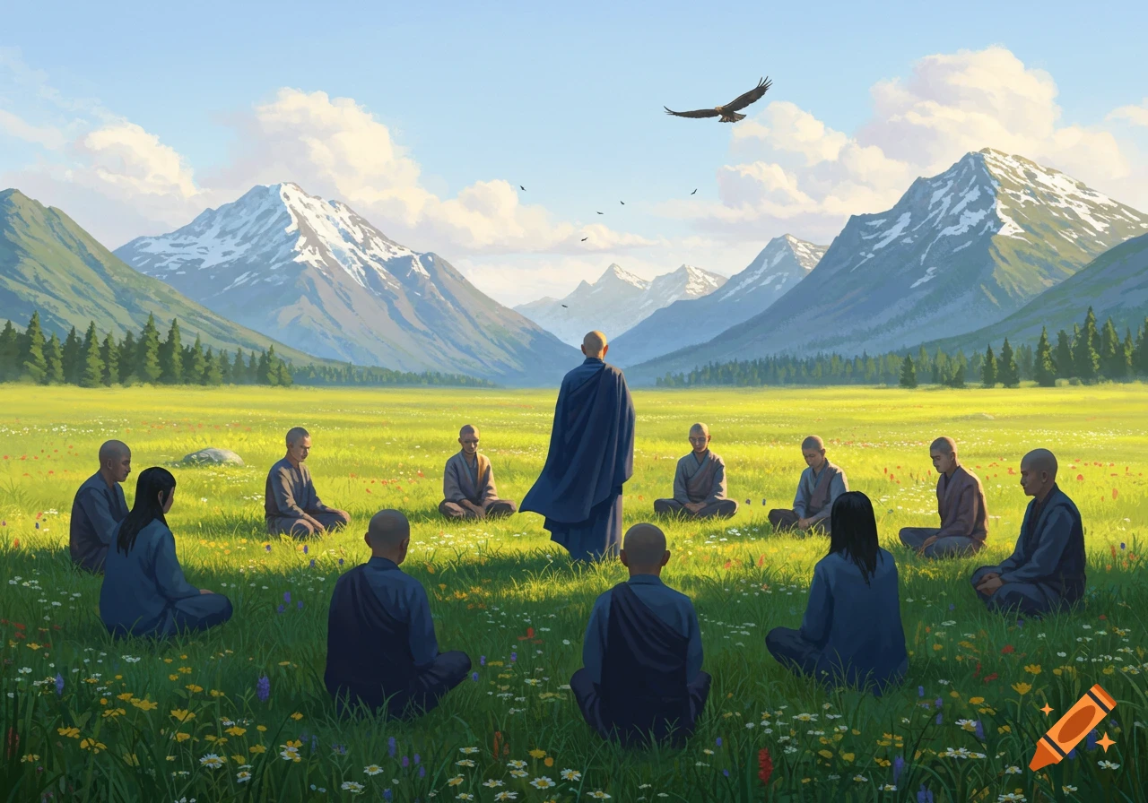 Monk in blue robes teaches students meditating in a sunny, wildflower-filled meadow with snow-capped mountains and an eagle flying overhead, painterly.