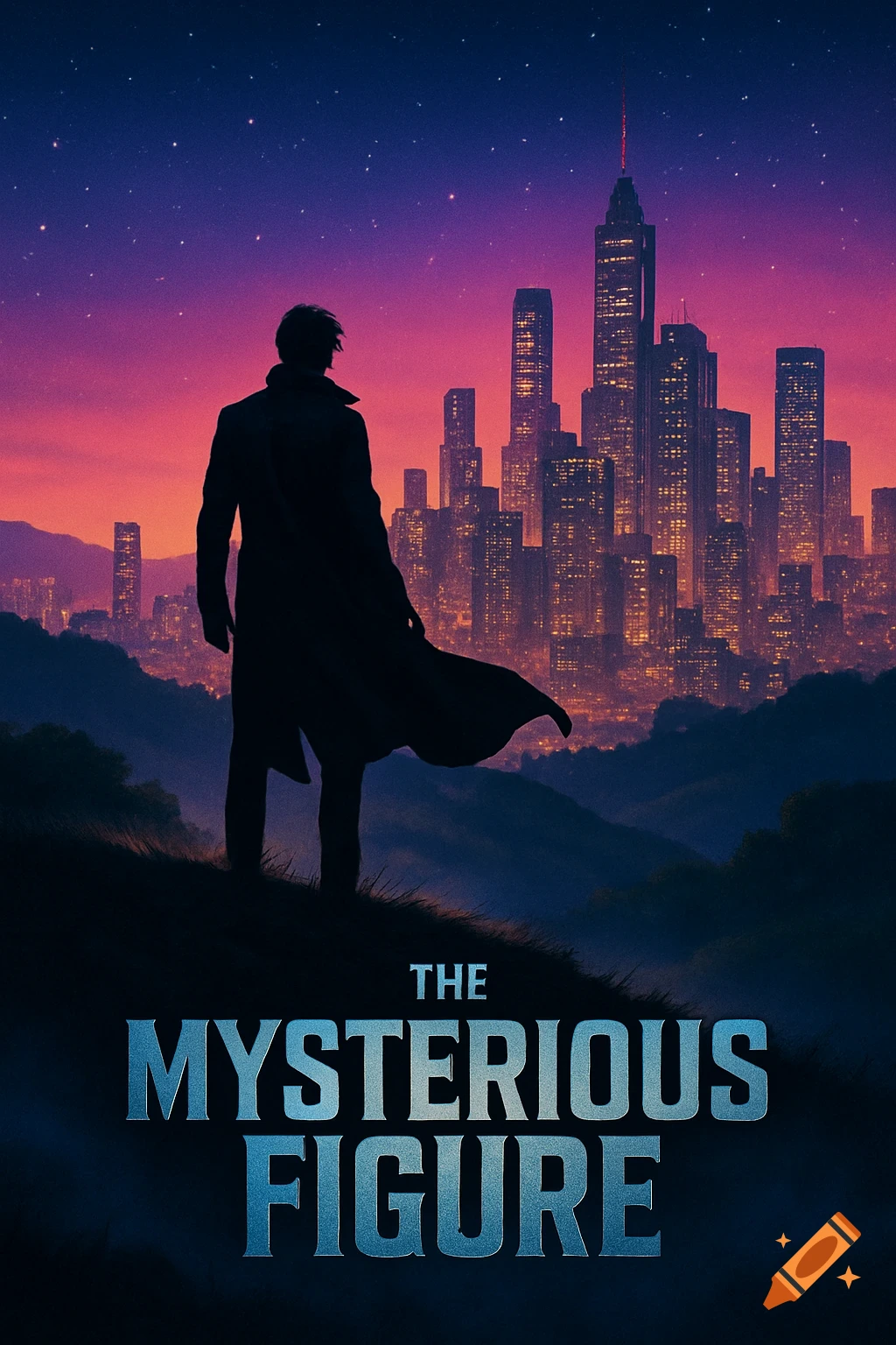 Movie poster of a silhouette in a trench coat looking at a futuristic city skyline at sunset. Text reads 'THE MYSTERIOUS FIGURE'.
