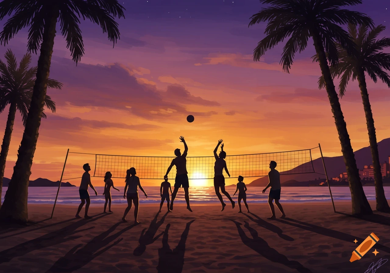 Illustrated silhouette of people playing volleyball on a beach at sunset with palm trees.