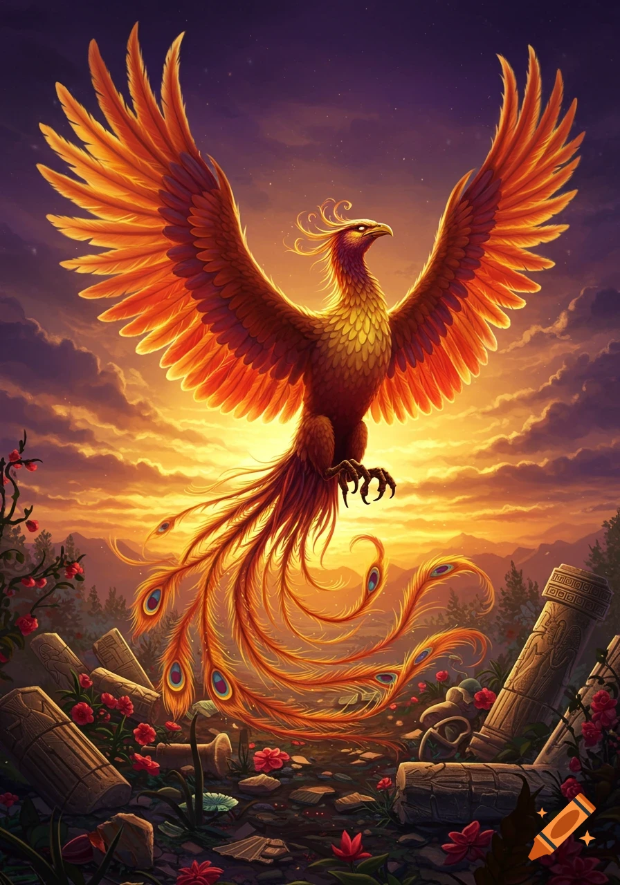 A vibrant phoenix with fiery orange and red wings soars above ancient ruins and red flowers at sunset, in a highly detailed illustration.