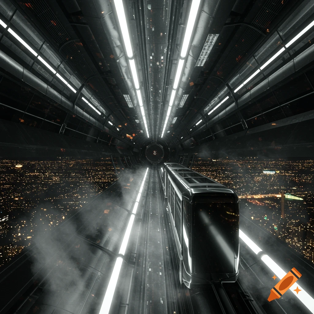 A sleek, futuristic train travels through a dark, illuminated tunnel high above a sprawling city glowing with lights at night.