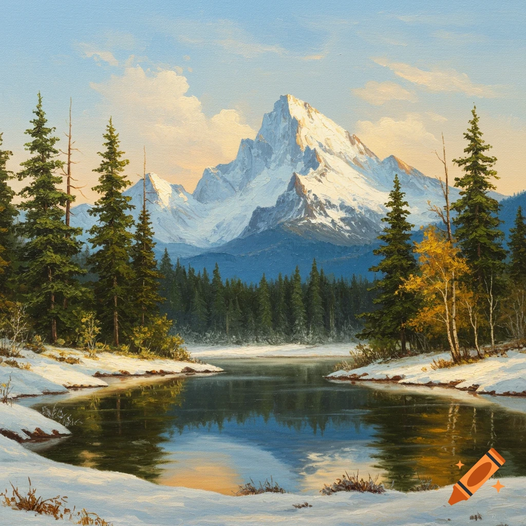 Oil painting of a serene winter mountain landscape with a snowy peak reflecting in a calm lake, flanked by pine trees.