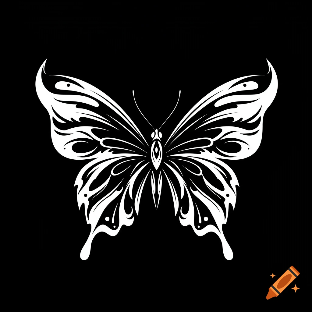 Abstract symmetrical black and white butterfly design with fluid, flowing wings and a mystical aura on a dark background.