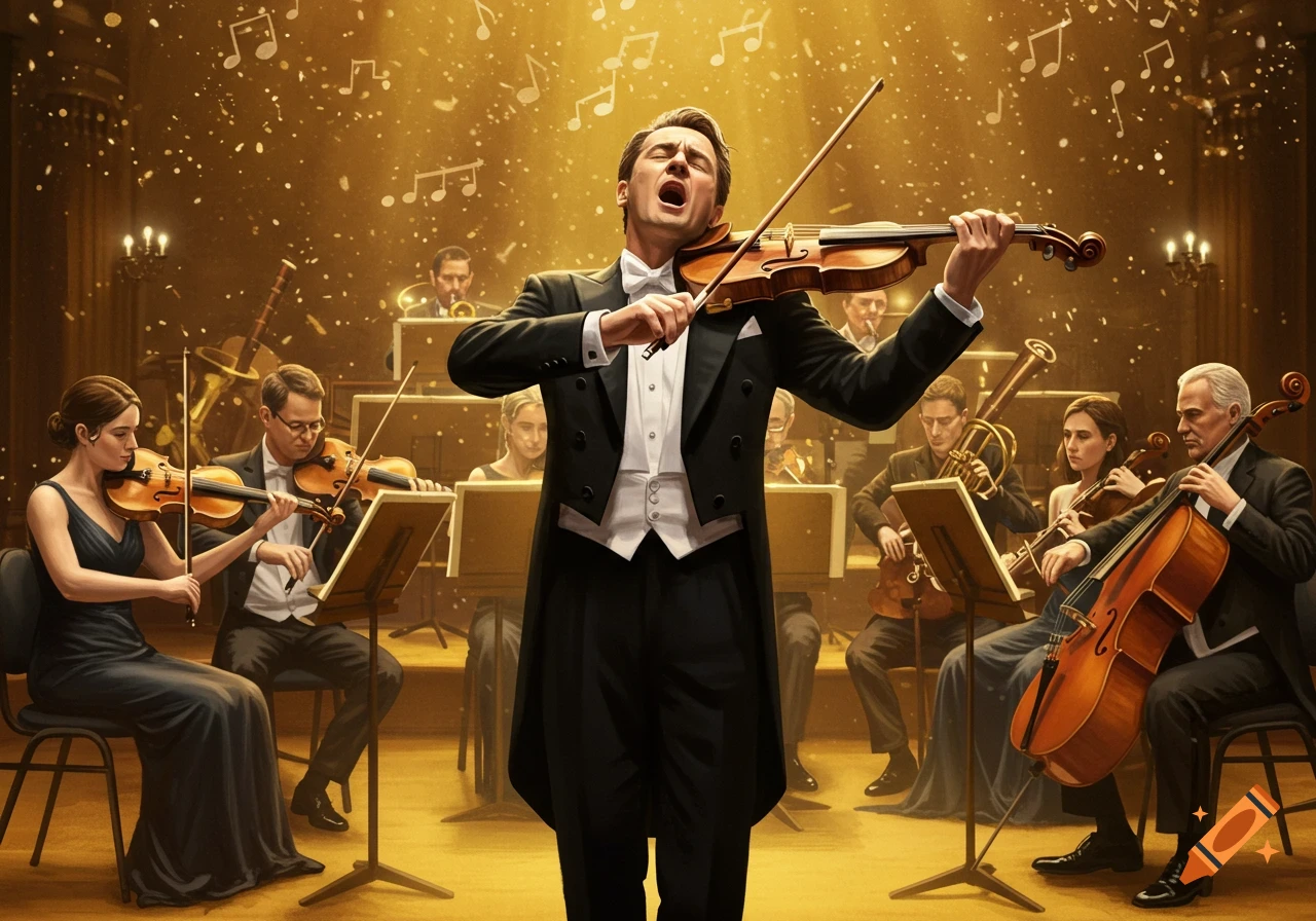 A male violinist passionately performs in front of an orchestra on a grand stage, with golden lights and musical notes floating in the air.